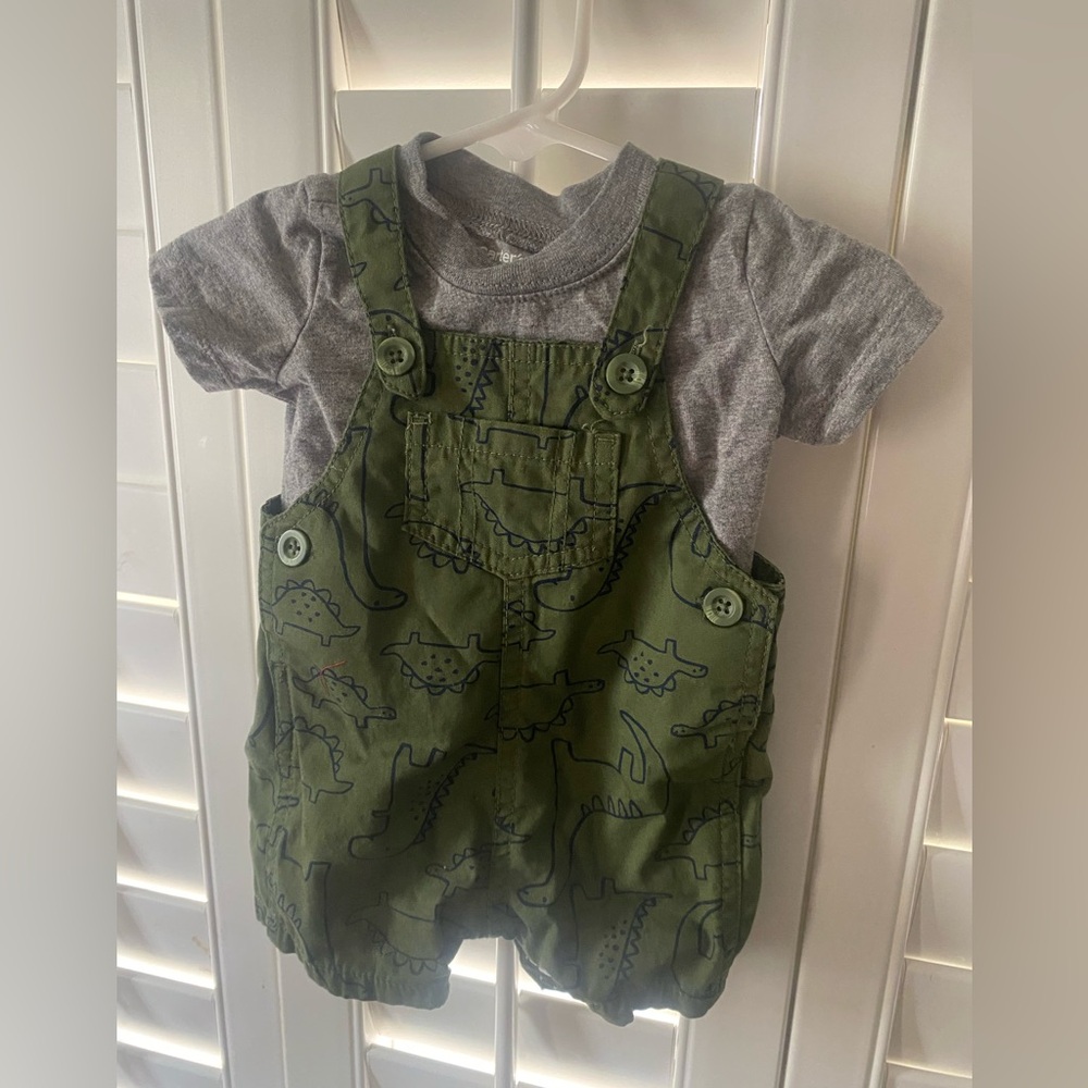 Carter's Green Dinosaur Overalls with Gray Top